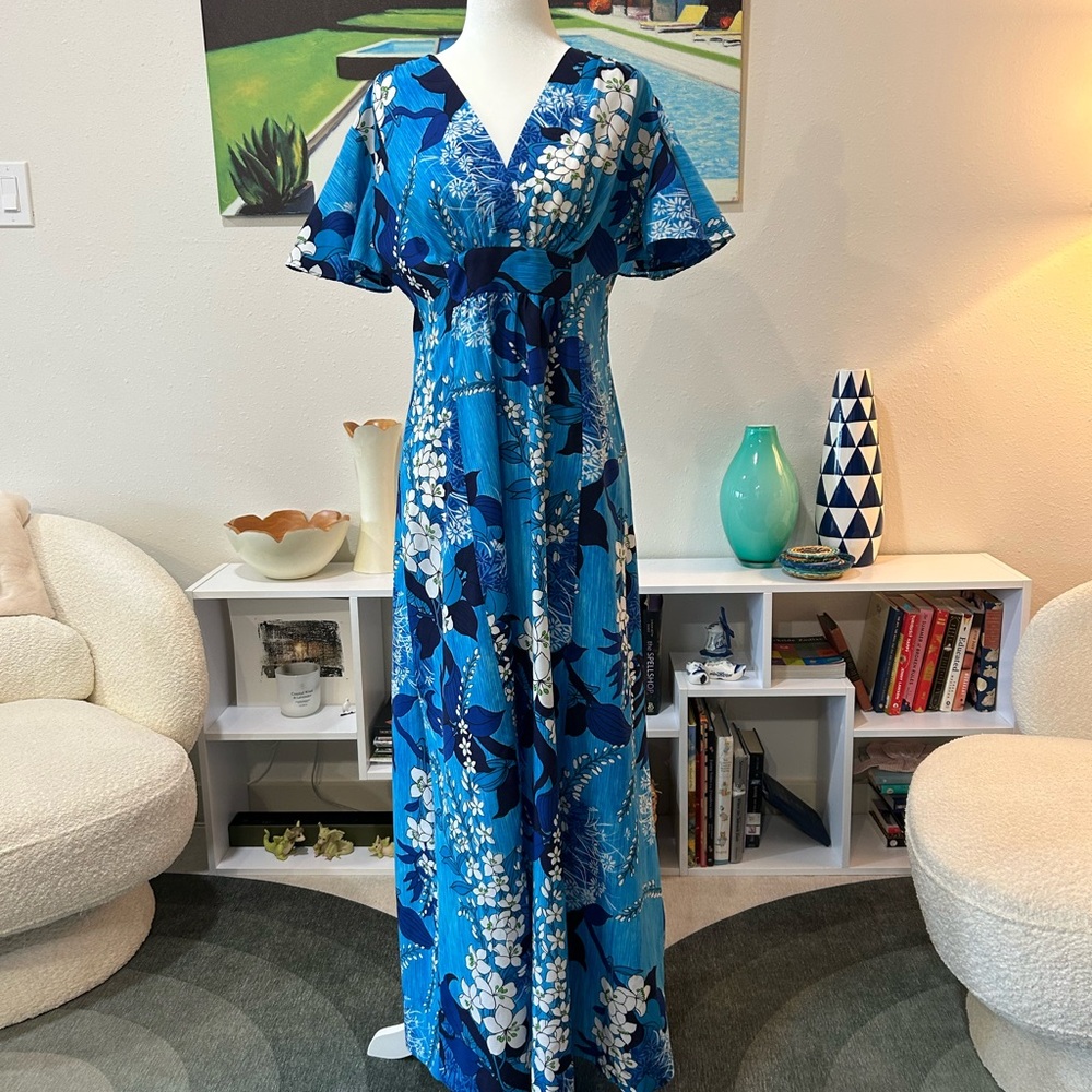 Vibrant Blue Floral Maxi Dress Caftan